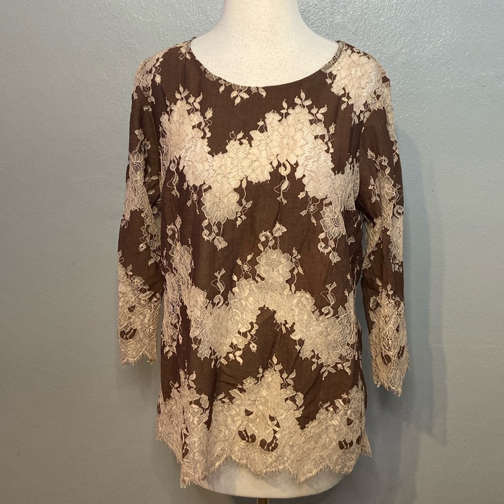 Linea by Lois Dell’Olio 3/4 Sleeve Top Semi Sheer Lace Brown Cream 12